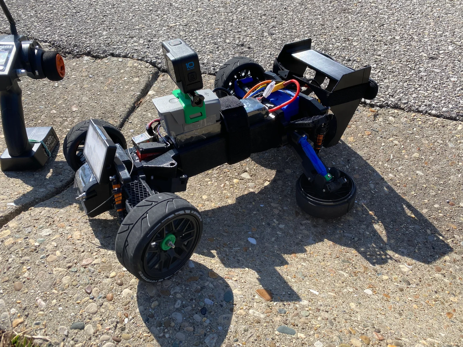 The assembled RC car outdoors.