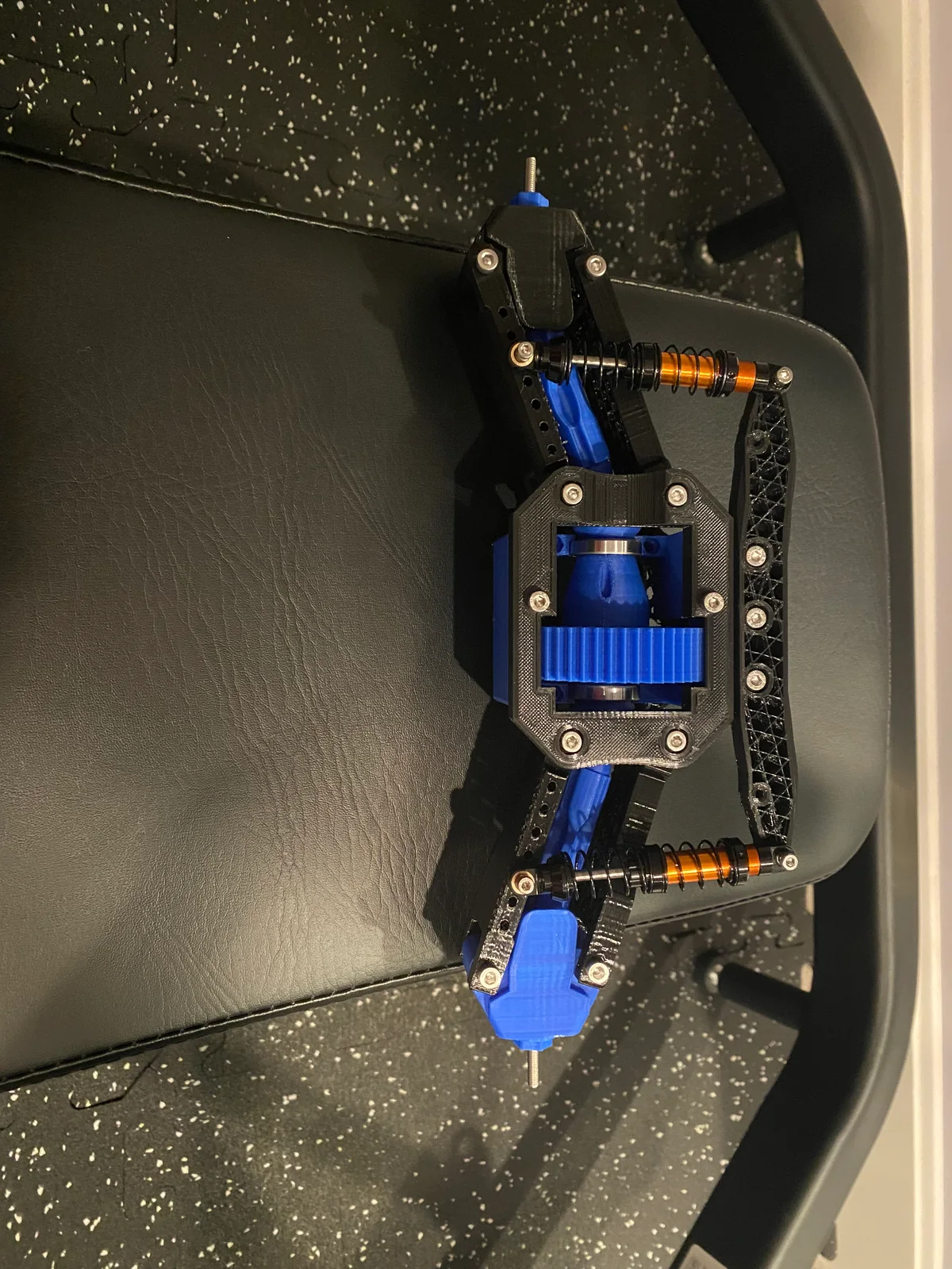 Drivetrain and suspension assembly viewed from above.